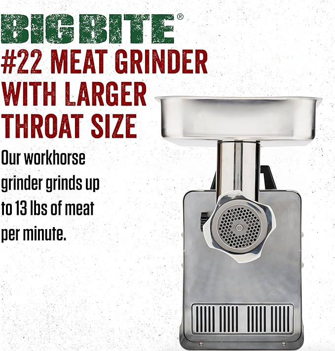 LEM Products BigBite #22 Meat Grinder, 1.0 HP Stainless Steel Electric Meat Grinder Machine, Ideal for Heavy Use