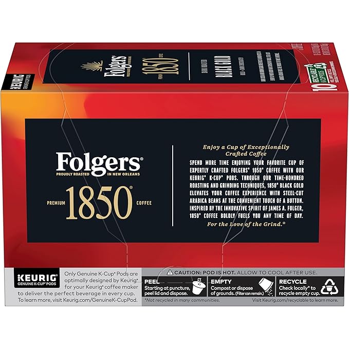 1850 by Folgers Black Gold Dark Roast Coffee, 10 Keurig K-Cup Pods