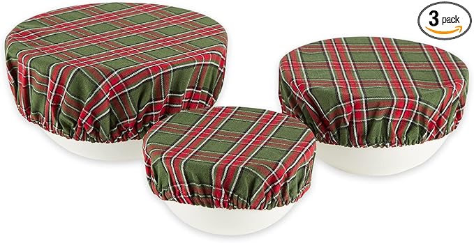 DII Reusable Cloth Bowl Cover Collection Machine Washable, Cotton with Elastic Stretch for Food Storage, 10.25"/8.25"/7.5" Diameter, O' Christmas Tree Plaid, 3 Piece
