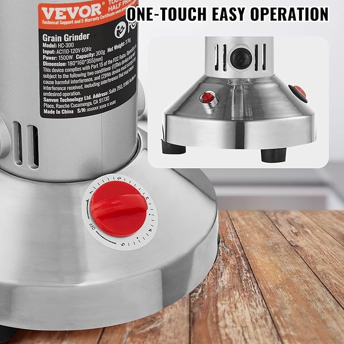 VEVOR 300g Electric Grain Mill Grinder, High Speed 1500W Commercial Spice Grinders, Stainless Steel Pulverizer Powder Machine, for Dry Grains Spices Cereals Coffee Corn Pepper, Straight Type