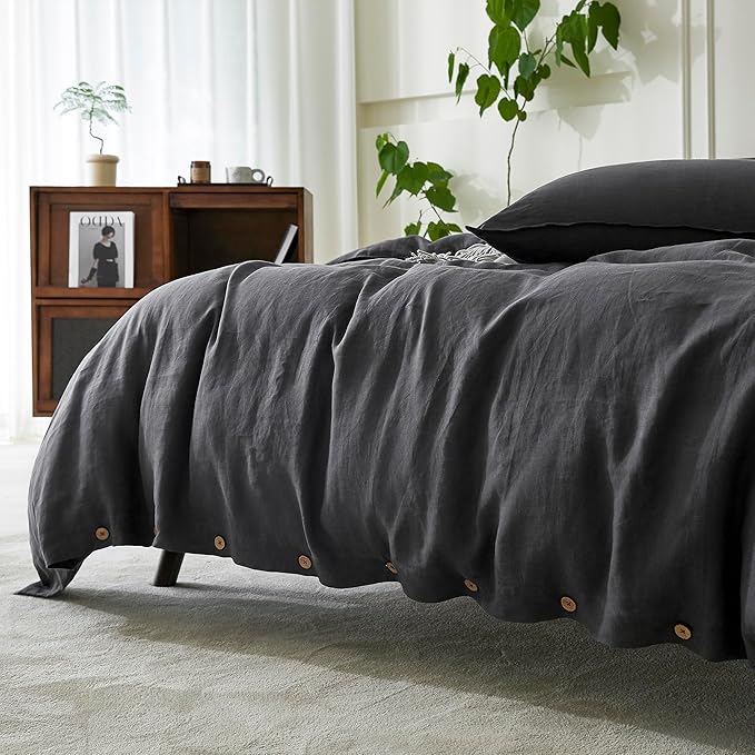 EVERLY 100% Pure Linen Duvet Cover Set California King Size 104X98Inch 3pcs (1 Duvet Cover,2 Pillowcases) Soft and Breathable with Coconut Button Closure,Suitable for Hot Sleepers-Dark Grey