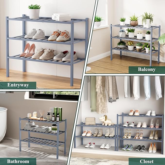 Smiry Shoe Rack, 5 Tier Long Bamboo Shoe Organizer, Stackable Free Standing Wooden Shoe Storage Shelf for Closet, Entryway, Front Door Entrance, Grey