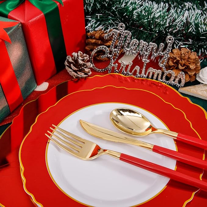 WDF 30Guest Red Christmas Plates - Gold Plastic Silverware With Red Handle - Christmas Plates Disposable- Baroque Plastic Dinnerware for Party