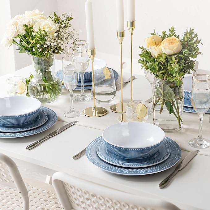 AELS Melamine Dinnerware Set of 12 Pcs, Dinner Dishes Set for Indoor and Outdoor Use, Melamine Plates and Bowls Set for 4, Dishwasher Safe, Lightweight Unbreakable, BPA Free, Soft Blue