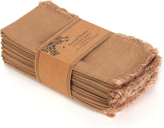 ACCENTHOME Brown Cotton Linen Napkin Set of 12 18x18 inch Dinner Napkins - Washable Soft Premium Hotel Quality Reusable Hemmed Edges Napkins Perfect Table Linens for Family Dinners, Weddings