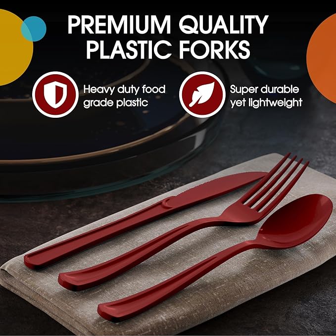 Party Solids Burgundy Plastic Silverware Heavy Duty 150 Pieces Burgundy Disposable Silverware Heavy Duty, Utensil Sets, 50 Of Each Forks, Knives & Spoons Disposable Cutlery Set For Party Supplies