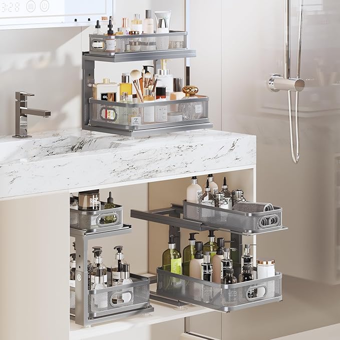 1 Pack 15.5IN-Depth Under Sink Organizer With Next-Gen Ball-Bearing Slides,2-Tier Precision Mesh Pull Out Cabinet Storage for Bathroom&Kitchen,Height Adjustable Drawers Shelf,Anti-rust-Grey
