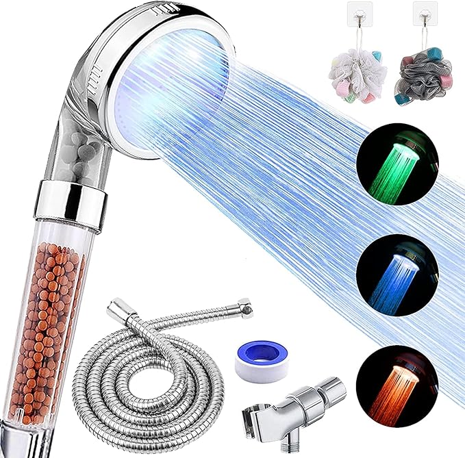 LED Shower Head with Handheld, High Pressure Shower Head with Hose, Holder & PTFE Tape etc, 3 Water Temperature-Controlled Water Saving Filtered Shower Head for Dry Hair& Skin