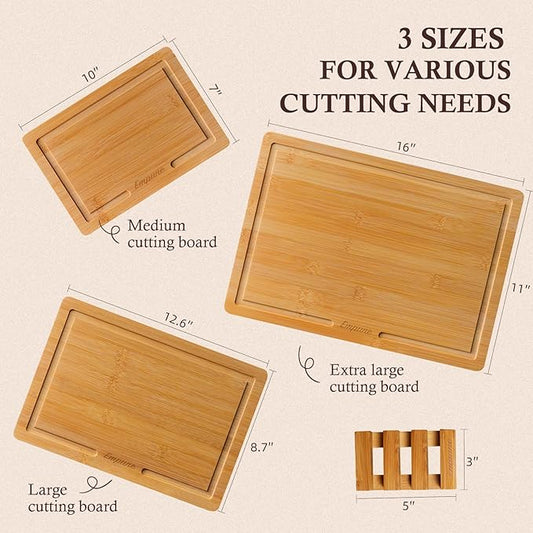 Empune Bamboo Cutting Board Set, Wood Cutting Boards for Kitchen with Holder Wooden Chopping Board for Meal Prep & Serving, Natural Bamboo