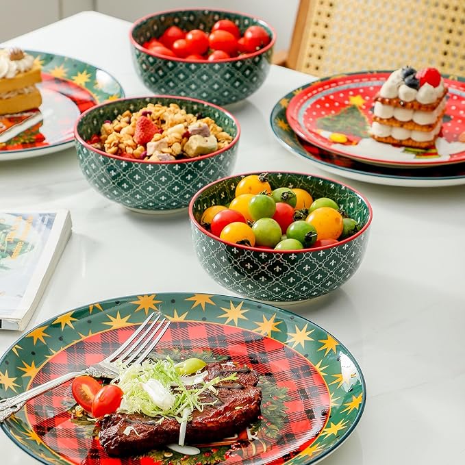 glowworm Christmas Dinnerware Sets for 6, 18 Pieces Plates and Bowls Set, Ceramic Dishes Set for 6, Oven, Microwave & Dishwasher Safe