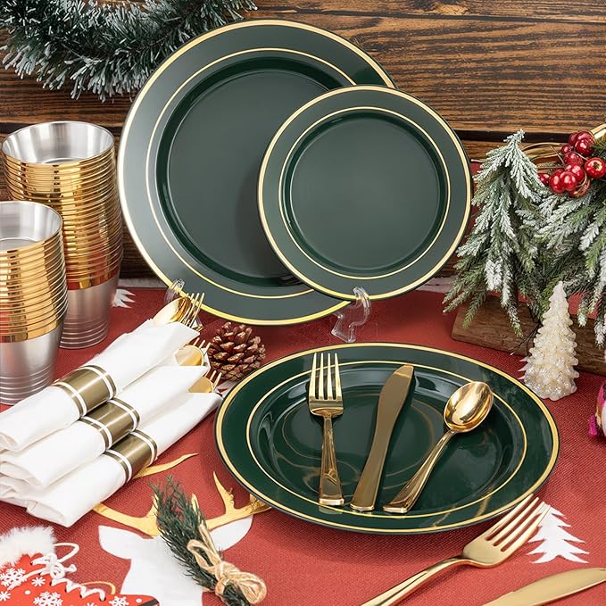 350PCS Green and Gold Plates - Green Plastic Plates 50Guests Plastic Christmas Plate with Rolled Napkins for Party/Christmas/Birthday
