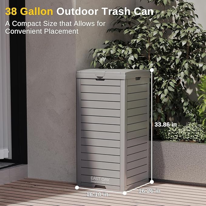 East Oak 38 Gallon Outdoor Trash Can | Waterproof Resin Garbage Can Featuring Tiered Lid & Drip Tray | Outside Trash Bin for Kitchen, Patio | Backyard & Deck | Gray Color