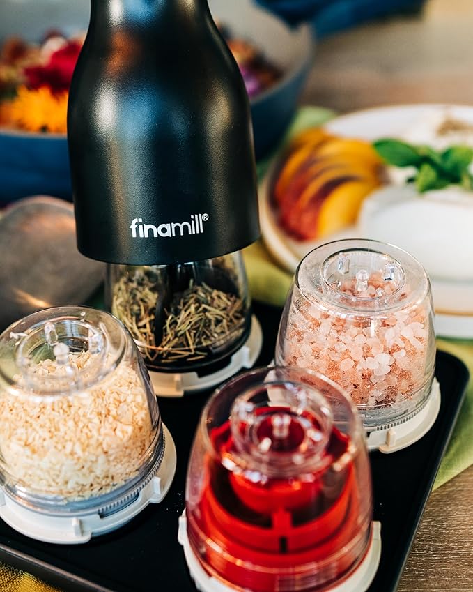 FinaMill Ultimate Gift Set – Battery Operated Spice Mill with 4 Interchangeable Spice Pods & Slate Quartet Stackable Tray, Adjustable Coarseness, Ceramic Grinder, LED Light, Easy One-Handed Operation