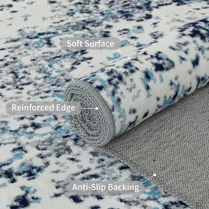 Easy-Going Area Rug 5x7 Washable Boho Rugs for Living Room Non-Slip Bedroom Rug Low Pile Lightweight Floral Print Vintage Throw Rug for Dining Room Kitchen Home Office Carpet, Blue Cream