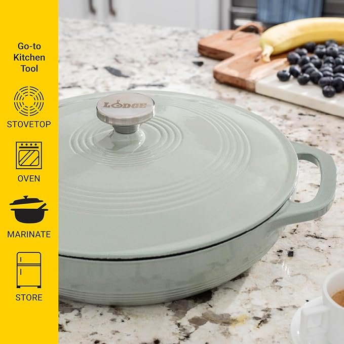 Lodge 3.6 Quart Enameled Cast Iron Covered Casserole with Lid – Dual Handles – Oven Safe up to 500° F or on Stovetop - Use to Marinate, Cook, Bake, Refrigerate and Serve – Desert Sage