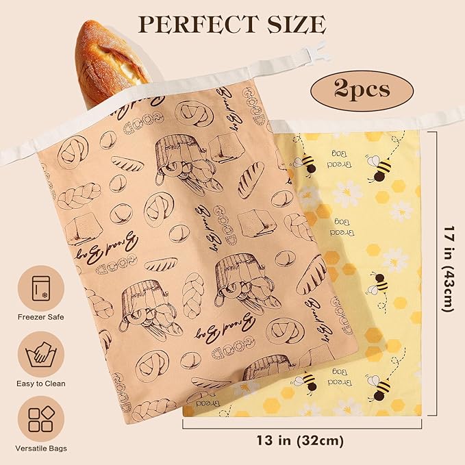 Aofmee Reusable Beeswax Bread Bags for Homemade Bread, 2 Pack Sourdough Bread Bags, XL Natural Cotton Beeswax Bag, Fresh Keeping Extra Large Bread Food Storage Bag for Gift Giving