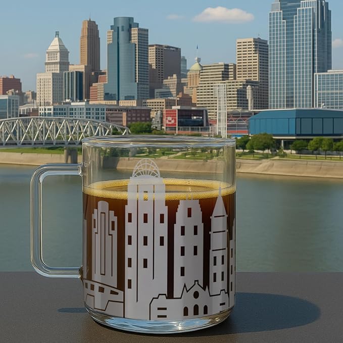 Greenline Goods – Cincinnati, OH Skyline Glass Coffee Mugs (Set of 2), 15 oz – Etched Wrap Design