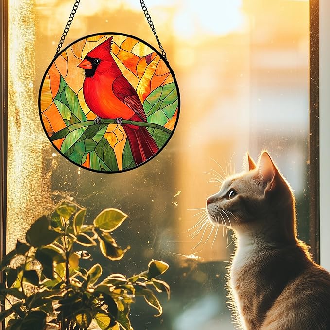 Stained Glass Window Hanging 4 Pcs Set Birds 9.8" - Cardinal Blue Jay Suncatcher Door Garden Sun Catcher Decor Birthday Christmas for Bird Lovers Mom Woman Nana Men