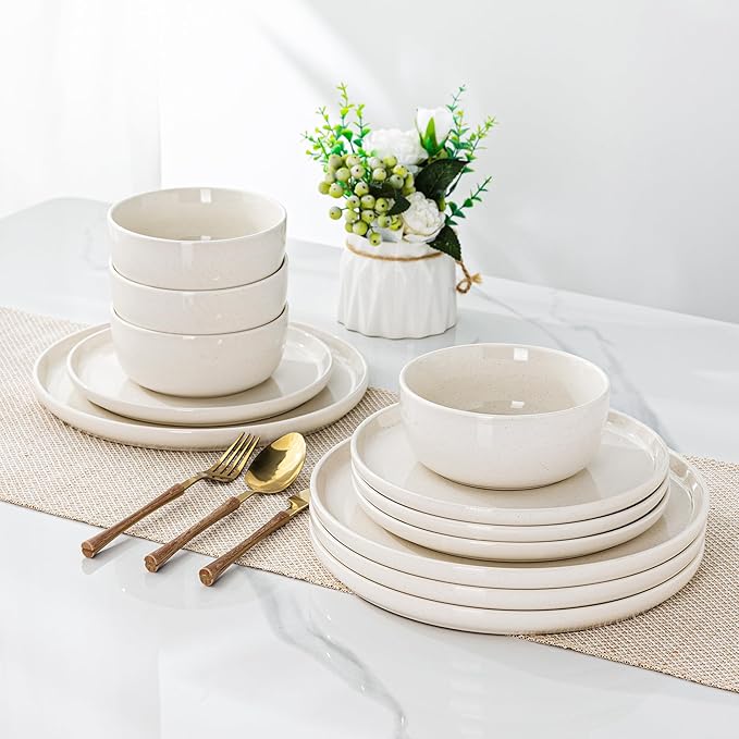 AmorArc Dinnerware Sets for 4, 12 Pieces Ceramic Plates and Bowls Set, Handcrafted Stoneware Plates Set, Dishwasher & Microwave Safe Dishes Set