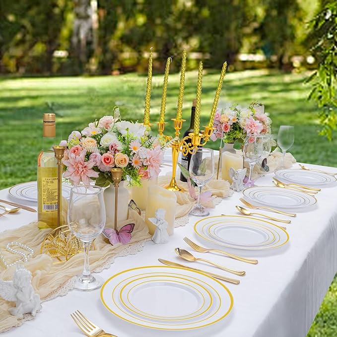 Supernal 102pcs White and Gold Plastic Plates Disaposable Party Plates White Gold Rim Heavy duty, Fancy Gold Plastic Dinnerware Set included 51 Dinner & Dessert Plates for Party,Birthday and Wedding