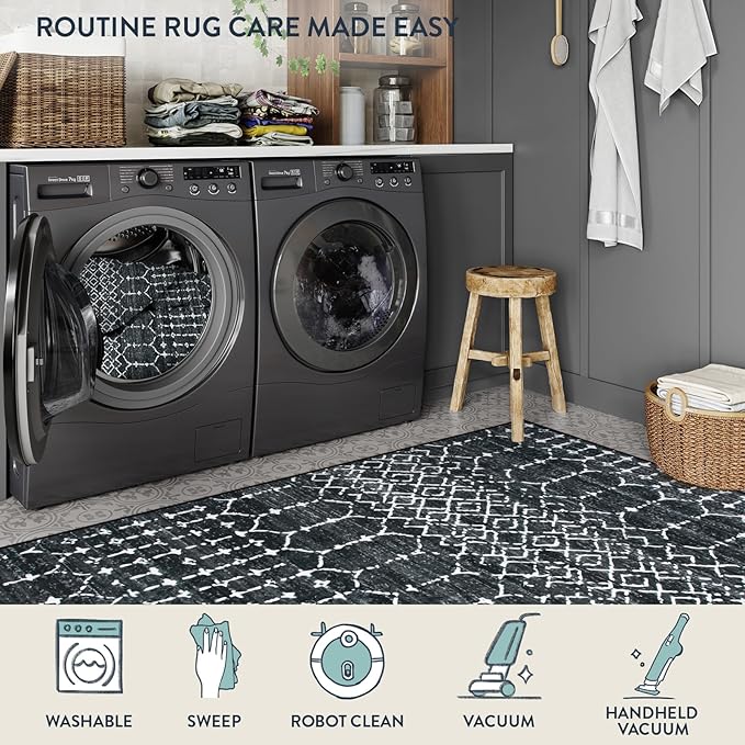 Lahome Moroccan Black Area Rugs 8x10 Living Room - Non-Slip Backing Ultra-Thin Large Rug Throw Stain Resistant Dining Room Rugs for Under Table, Geometric Print Modren Soft Rug for Bedroom Office