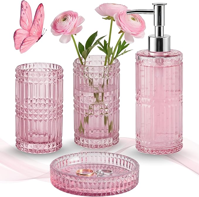 Escenzy Pink Bathroom Accessories Set 4 Pcs | Premium Glass Soap Dispenser and Toothbrush Holder Set, Qtip Holder, Soap Tray | Bathroom Counter Organizer Essentials | Modern Bathroom Set (Pink)