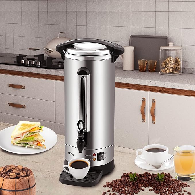 VEVOR Commercial Coffee Urn, 65Cups/9.75L Stainless Steel Large Coffee Dispenser, 1500W 110V Electric Coffee Maker Urn For Quick Brewing, Hot Water Urn with Water Gauge for Easy Viewing