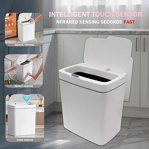 4 Gallon Automatic Sensor Trash Can - Smart Touchless Garbage Bin with Lid, Plastic Waterproof Material for Bathroom, Office, Kitchen, Bedroom (10.63 x 7.17 x 12.13 inches) White
