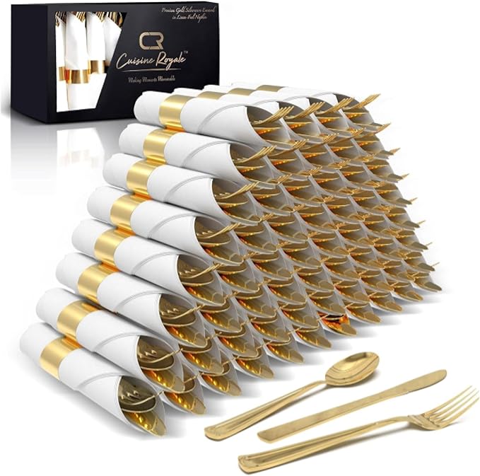 Prestee 100 Piece Gold Plastic Silverware Set - 25 Pre-Rolled Plastic Utensils Set with Forks, Knives, Spoons, and White Napkins - Fancy Disposable Flatware for Dinner Parties, Weddings, and Events