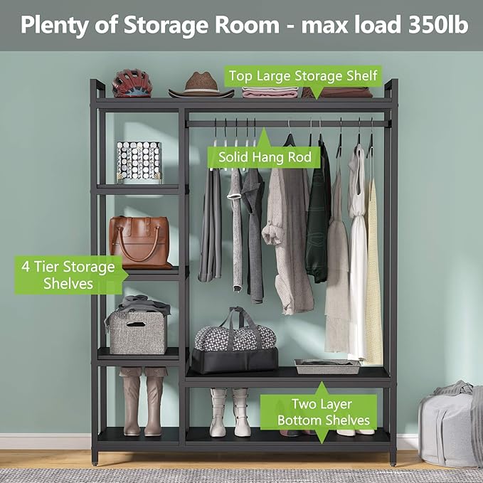 Tribesigns Free-standing Closet Organizer with 6 Storage Shelves and Hanging Bar, Large Standing Clothes Garment Rack（Black）