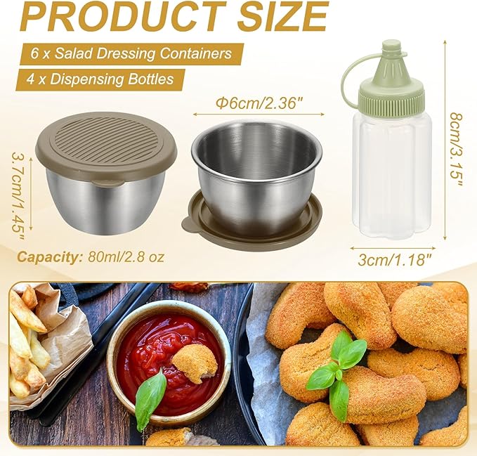 uxcell 1 Set 2.8oz Stainless Steel Salad Dressing Containers with Silicone Lids, Reusable Dipping Sauces Cups, Leakproof Condiment Containers for Picnic Travel Kitchen, Brown