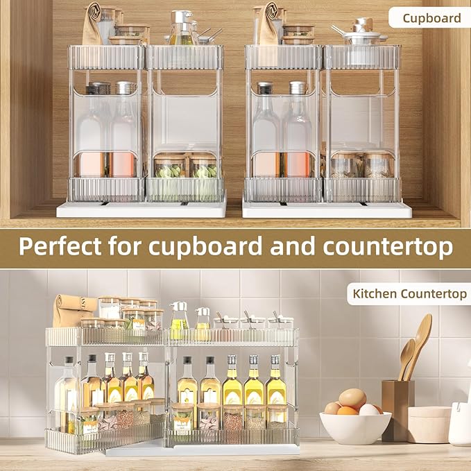 Spice Rack Organizer for Cabinet, 2-Tier Pull Out Seasoning Organizer, Slide & Rotate Spice Storage Rack, Easy to Install Spice Cabinet Organizers, Organizer Shelf for Home and Kitchen Use