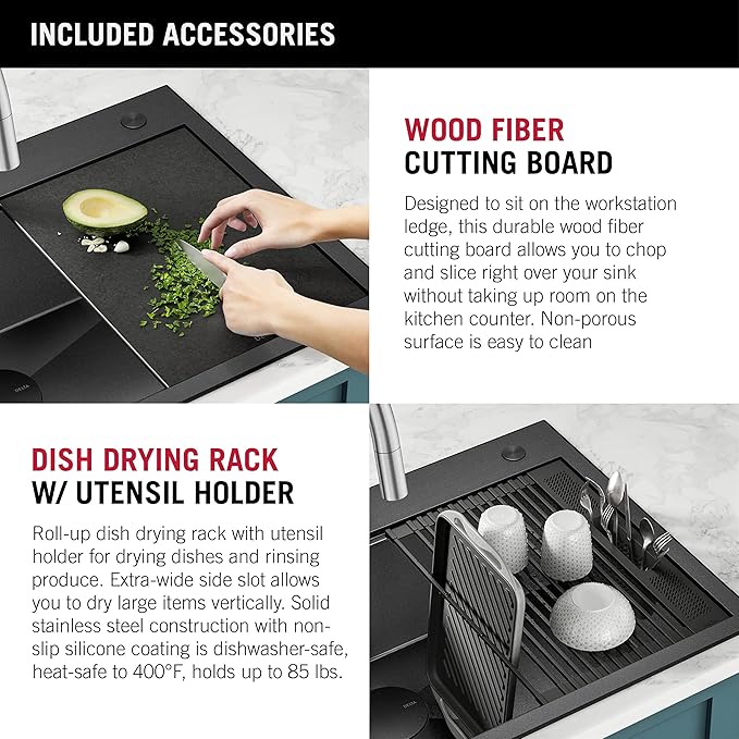 DELTA FAUCET Delta Rivet 30 Inch Black Stainless Steel Drop-In Top Mount 16 Gauge Workstation Kitchen Sink Single Bowl in PVD Gunmetal Finish with WorkFlow Ledge and Accessories, 95A9031-T30S-GS