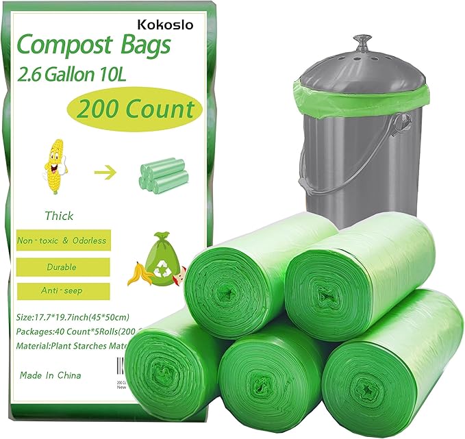 2.6 Gallon 10L Compost Bag, Small trash bag 200 Counts, Strong&Leakage-Free, Green Compostable Liner Bag for Food Scrap/Kitchen Compost Bin, Unscented Thick Trash Bag for Bathroom, Bedroom, Office