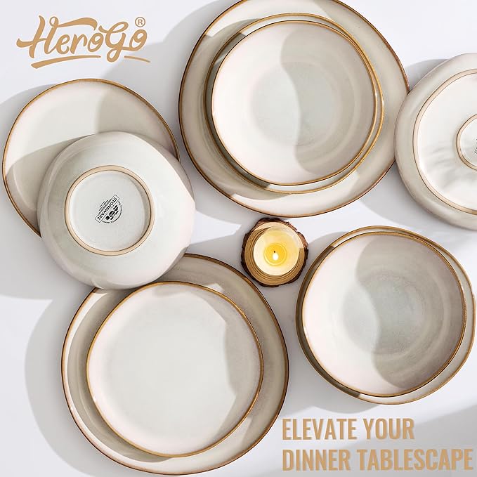 Herogo 18 Piece Stoneware Dinnerware Sets for 6, Plates and Bowls Dinner Dish Set, Irregular Handmade Dinning Ware Dishware for Home Kitchen, Microwave & Dishwasher Safe, Pearl White