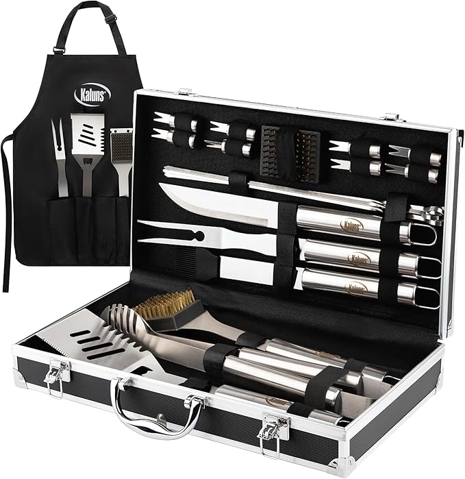 Kaluns Grilling Accessories, Gifts for Men Christmas Grilling Gifts for Dad, Heavy Duty Stainless Steel BBQ Grill Tools Set for Outdoor Grill with Aluminum Case and Apron, Birthday Gifts for Men Dad
