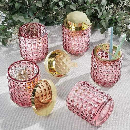 Bathroom Set Pink Bathroom Accessories Set Glass Bathroom Accessories Pink Bathroom Accessory Diamond Soap Dispenser and Toothbrush Holder Sets for Bathroom Decor