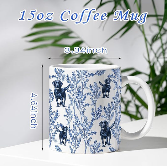 Black Lab Blue French Toile Coffee Mug, Labrador Lover Gifts for Women, Blue Toile Coffee Cup for Black Lab Mom, Pet Dog Lovers Tea Coffee Mug Birthday Gifts for Dog Owners, 15 oz