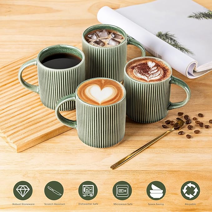 GBHOME 12oz Stoneware Coffee Mugs, Ceramic Coffee Cups with Handle for Man,Woman,Dad,Mom, Modern Coffee Mugs Set of 6 for Latte/Cappuccino/Cocoa/Tea/Cocoa/Milk. Dishwasher&Microwave Safe, Dark Green