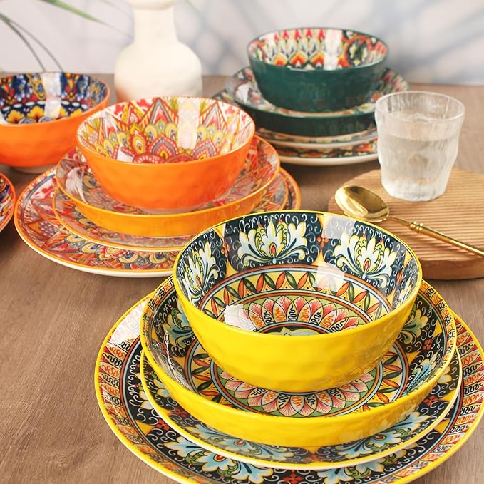 Mandala Dinnerware Sets (16 PCS) Serves for 4, Porcelain Dishes Set, Microwave and Dishwasher Safe, Scratch Resistant, Bohemian Style Dining Ware Service for 4, Colorful No.2