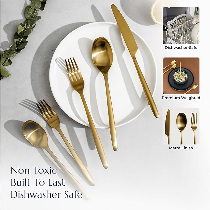 JazzUpCo Ava Flatware Flatware non toxic 18/10 stainless steel dishwasher safe (Matte Gold, 8 Person Set (40 Pieces))