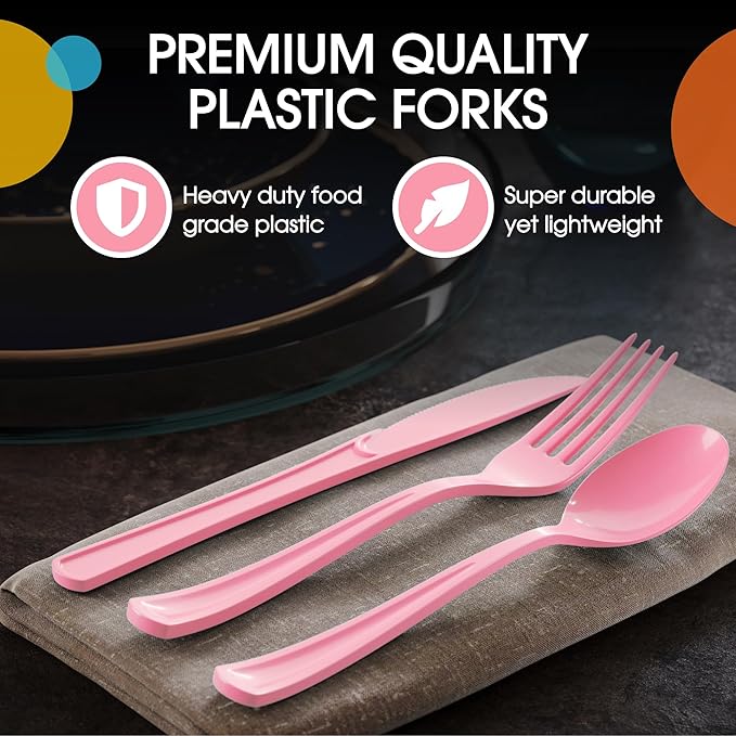 Party Solids Pink Plastic Silverware Heavy Duty 150 Pieces Pink Disposable Silverware Heavy Duty, Utensil Sets, 50 Of Each Forks, Knives & Spoons Disposable Cutlery Set For Party Supplies