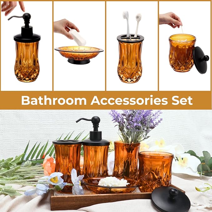 Bathroom Accessories Set,5 Pcs Amber Glass Bathroom Accessory Set, Complete Lotion Soap Dispenser, Toothbrush Holder, Soap Dish, Tumbler & Jar, Modern Bathroom Decor Sets,Gift for Home Apartment,Round