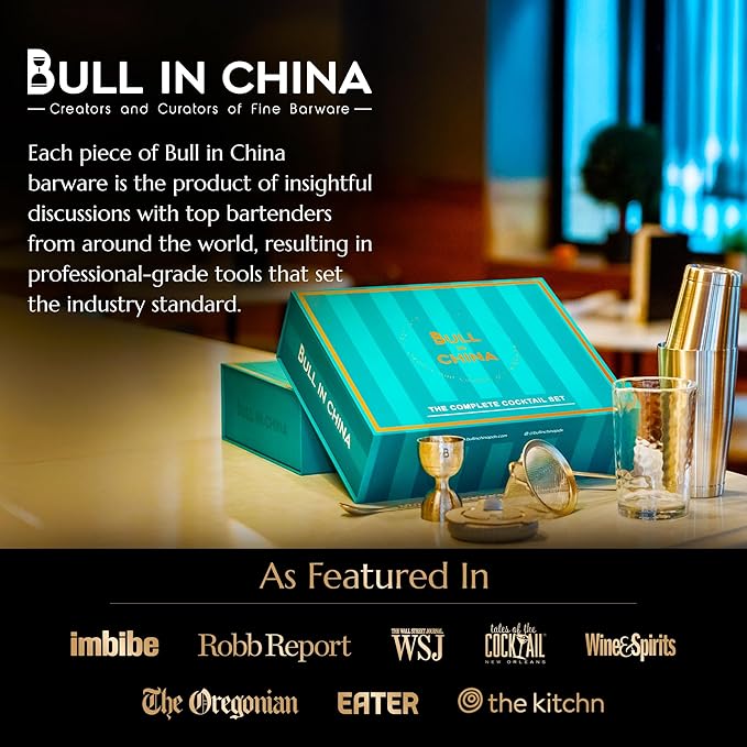 Shaken & Stirred Cocktail Set by Bull in China - Premium Bartender Gift Set w/ 2 Piece Weighted Shaker, Hammered Jigger, Hawthorne Strainer, Fine Mesh Strainer, Mixing Glass & Barspoon (Matte Black)