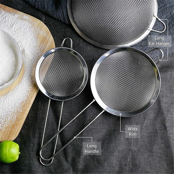 ELEEN Premium Stainless Steel Fine Mesh Strainers for Kitchen 3-Piece Set with Non-Slip Handle, Small, Medium & Large Sieves, Colanders and Sifter for Sifting, Straining, Pastas Tea, Rice Vegetables