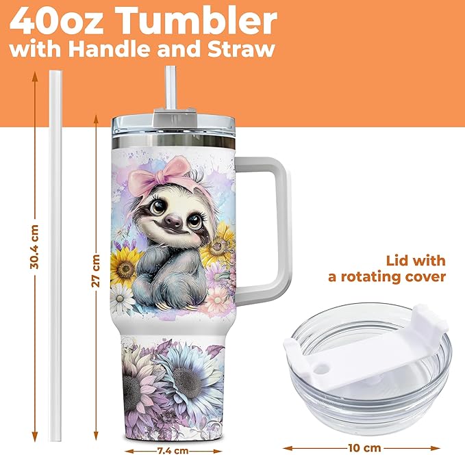 Personalized Sloth 40oz Tumbler with Handle and Straw Gifts for Sloth Lover, Cute Animal Gifts for Women on Birthday Christmas, Animal Lover Cup Gift, Custom Name Stainless Steel Travel Cup