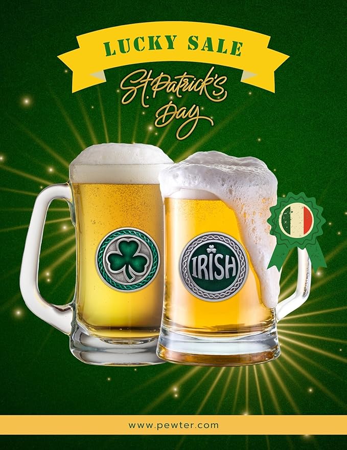 Heritage Pewter Irish Beer Stein Glass | 15 Ounce German-Style Beer Glass | Intricately Crafted Metal Pewter Alma Mater Inlay