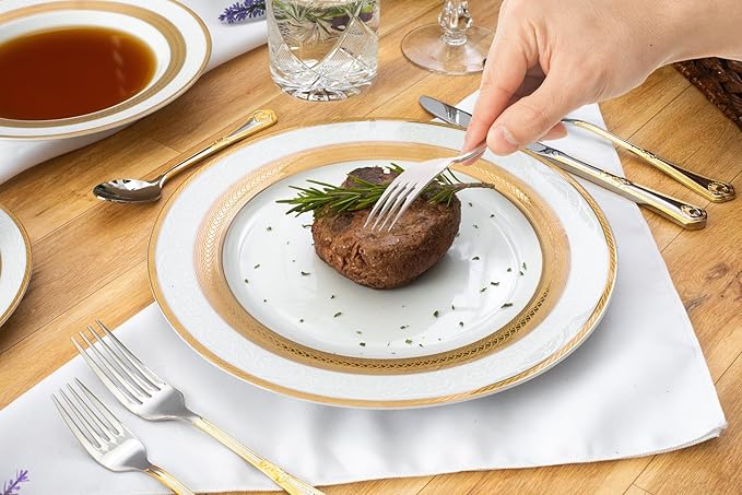 Porcelain Dinnerware Set for 4-12 Piece Luxurious Dish Set - White with Gold Rope Design - Kitchen Set for Everyday Dishes or Formal Occasions (Rope Gold)