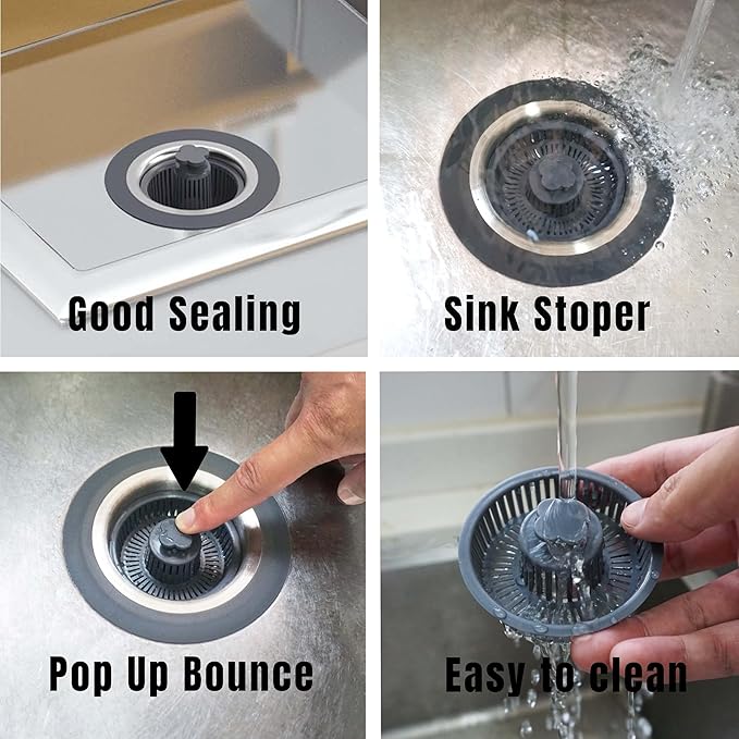 Kitchen Sink Drain Strainer Stopper 304 Stainless Steel 3 in 1 Sink Protectors Pop Up Anti-Clogging Kitchen Sink Stopper Basket Filter for US Standard 3-1/2 Inch Drain Cover(2 Packs)