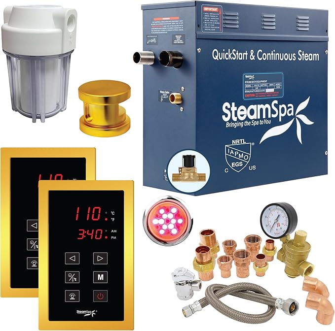 SteamSpa Executive 6 KW QuickStart ACU-Steam Bath Generator Package with Built-in Auto Drain and Install Kit in Polished Gold | Steam Generator Kit with Dual Control Panel Steamhead 240V | EXT600GD-A